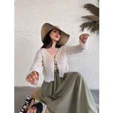 Primavera Trend V Yaka Bağcık Detaylı Crop Triko Bluz