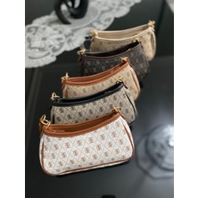 Bagliore Symbol - Gri Bej Tekstil Dokuma Kumaşı Tek Gözlü Desenli Fermuarlı Taba / Siyah / Krem Sap ve Ayarlanabilir Askılı Baget Kol, Omuz ve Çapraz Çanta