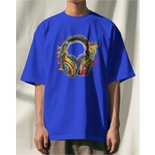 Parspera Shop Lacivert Oversize T-Shirt Unisex Baskılı Headphone