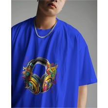 Parspera Shop Lacivert Oversize T-Shirt Unisex Baskılı Headphone