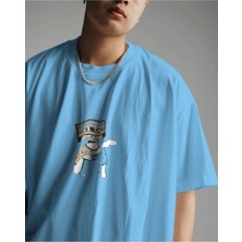 Parspera Shop Mavi Oversize T-Shirt Unisex Baskılı Tape Man