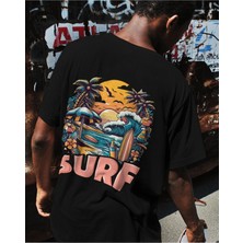 Parspera Shop Siyah Oversize T-Shirt Unisex Baskılı Surf