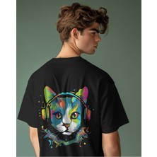 Parspera Shop Siyah Oversize T-Shirt Unisex Baskılı Cat