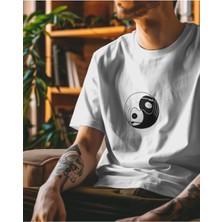 Parspera Shop Beyaz Oversize T-Shirt Unisex Baskılı Ying-Yang