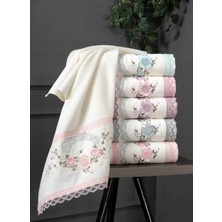 Fiesta Alya Kadife 3D Nakışlı  Bukle Beyaz 6 Adet El Yüz Havlu Seti (30X50 Cm)Alya