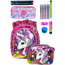 Me-Vo Kız Çocuk Pembe Renkli Çok Gözlü Geniş Hacimli Unicorn Desenli Terletmeyen Ortopedik Sırt Destekli Ilkokul Çanta Seti