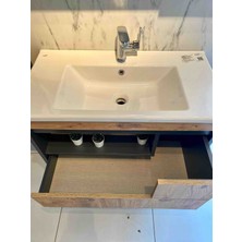 Çağ Dekor Atlantik Çam-Antrasit Gri Mat Mdf Seramik Lavabolu Asma Banyo Dolabı Takımı