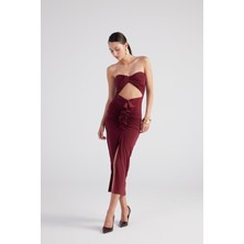 Holly Lolly Büzgü Detaylı Straplez Yırtmaçlı Hailey Elbise Bordo