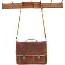 Semiramis Zeus Model  Deri El Yapımı Unisex Kızıl Taba Çift Körüklü Vintage Evrak Çantası