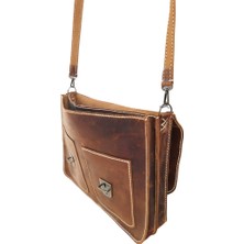 Semiramis Zeus Model  Deri El Yapımı Unisex Kızıl Taba Çift Körüklü Vintage Evrak Çantası