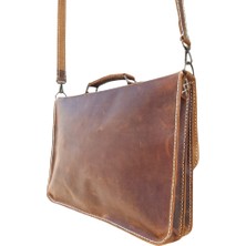 Semiramis Zeus Model  Deri El Yapımı Unisex Kızıl Taba Çift Körüklü Vintage Evrak Çantası