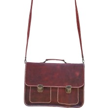 Semiramis Zeus Model  Deri El Yapımı Çift Körüklü Vintage Unisex Bordo Evrak Çantası