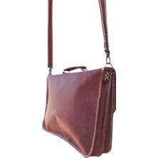 Semiramis Zeus Model  Deri El Yapımı Çift Körüklü Vintage Unisex Bordo Evrak Çantası