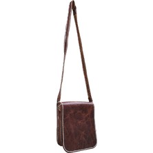 Semiramis Artemis Model Hakiki Deri El Yapımı Unisex Efektli Kahve Tek Körüklü Küçük Postacı Çantası Vintage Model