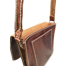 Semiramis Artemis Model Hakiki Deri El Yapımı Unisex Efektli Kahve Tek Körüklü Küçük Postacı Çantası Vintage Model