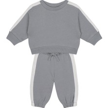 Antebies Organik Gri Beyaz Beli Lastikli Bağcıklı Manşetli Erkek Bebek Sweatshirt Eşofman Takımı