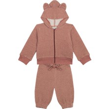 Antebies Organik Turuncu Beli Lastikli Bağcıklı Manşetli Fermuarlı Kapüşonlu Polarlı Kız Erkek Bebek Sweatshirt Eşofman Takımı