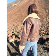 ARV Moda Içi Suni Kürklü Suni Süet Crop Biker Ceket