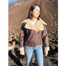 ARV Moda Içi Suni Kürklü Suni Süet Crop Biker Ceket