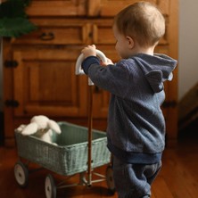 Antebies Organik Mavi Beli Lastikli Bağcıklı Manşetli Fermuarlı Kapüşonlu Polarlı Erkek Bebek Sweatshirt Eşofman Takımı