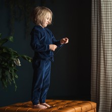 Antebies Organik Lacivert Kadife Beli Lastikli Bağcıklı Cepli Kapüşonlu Uzun Kollu Erkek Çocuk Sweatshirt Eşofman Takımı