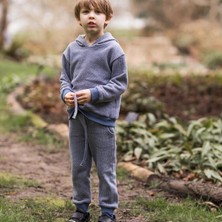 Antebies Organik Mavi Dokulu Futter Beli Lastikli Bağcıklı Cepli Kapüşonlu Uzun Kollu Erkek Çocuk Sweatshirt Eşofman Takımı