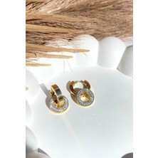 Just GAF Altın / Gold Renk Zirkon Taşlı Diskli 316L Çelik Küpe