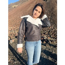 ARV Moda Içi Suni Kürklü Suni Süet Crop Biker Ceket