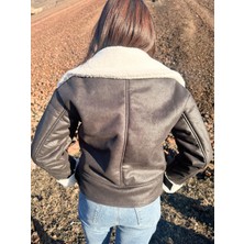 ARV Moda Içi Suni Kürklü Suni Süet Crop Biker Ceket