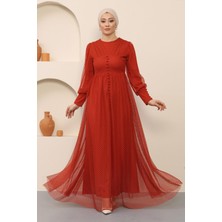 Missvalle Düğme Detaylı Tül Abiye Kiremit 12237