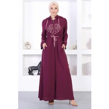 Missvalle Nakışlı Kapşonlu Ferace Mürdüm 12210