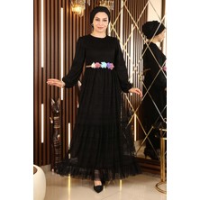 Missvalle Missvalle Dantelli Kemeri Çiçekli Elbise Siyah 10242