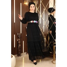 Missvalle Missvalle Dantelli Kemeri Çiçekli Elbise Siyah 10242