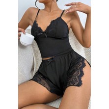 Bella Notte Siyah Yırtmaçlı Şort Gecelik Takım