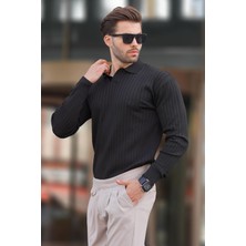 Madmext Siyah Polo Yaka Çizgili Uzun Kollu Kazak 7239
