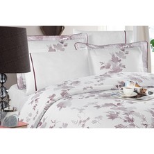 Silkarea Florentina V.2 %100 Pamuk Saten King Size (XL/Battal) Nevresim Takımı - Beyaz-Mor Desen