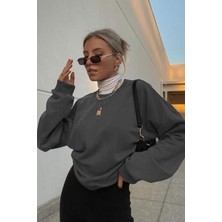 Okulcu Baba Ob Kadın Füme Uzun Kollu Sweatshirt Bisiklet Yaka Oversize Basic