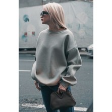 Okulcu Baba Ob Kadın Gri Uzun Kollu Sweatshirt Bisiklet Yaka Oversize Basic