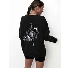 Lecatte Kadın Siyah Sırt Pusula Baskılı Oversize Sweatshırt