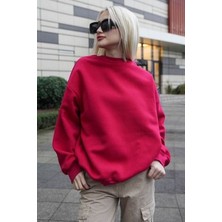 Okulcu Baba Ob Kadın Kırmızı Uzun Kollu Sweatshirt Bisiklet Yaka Oversize Basic