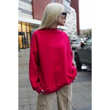 Okulcu Baba Ob Kadın Kırmızı Uzun Kollu Sweatshirt Bisiklet Yaka Oversize Basic