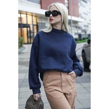 Okulcu Baba Ob Kadın Lacivert Uzun Kollu Sweatshirt Bisiklet Yaka Oversize Basic