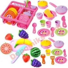 Depomiks Barbie Oyuncak Bulaşıklık Tabak Tencere Set + 10 Parça Kesilebilen Oyuncak Meyve Sebze Set Depomiks