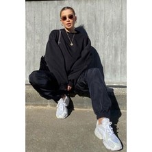 Okulcu Baba Ob Kadın Siyah Uzun Kollu Sweatshirt Bisiklet Yaka Oversize Basic