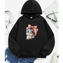 Afternoon Kids Siyah Kız Çocuk Kapşonlu Minik Kedicik Baskılı Sweatshirt