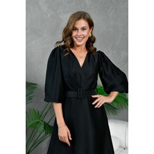 Zishan Fashion Midi Saten Kadın Abiye Elbise - Balon Kol Kruvaze Yaka Kemer Detaylı