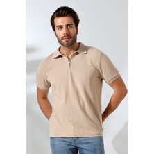 GW Grande Erkek Vizon Yumuşak Dokulu Regular Fit Yol Jakar Polo Yaka Fermuarlı T-Shirt & T-Shirt