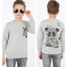İrem Çocuk Giyim Erkek Çocuk Panda Star Önü Arkası Yazı Resim Desenli Gri Renk Sweatshirt