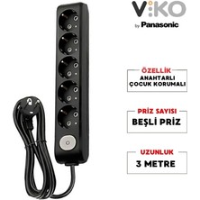 Viko | Beşli Grup Priz, Anahtarlı Topraklı - Çocuk Korumalı Çoğaltıcı Priz  [5'li, 3 M, Siyah]