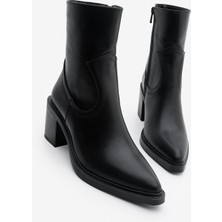 Marjin Kadın Dikiş Detaylı Yandan Fermuarlı Topuklu Bot Fortap Siyah